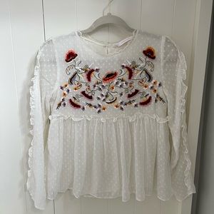 Zara Trafaluc Collection Sheer White Embroidered Floral Babydoll Top, Size XS